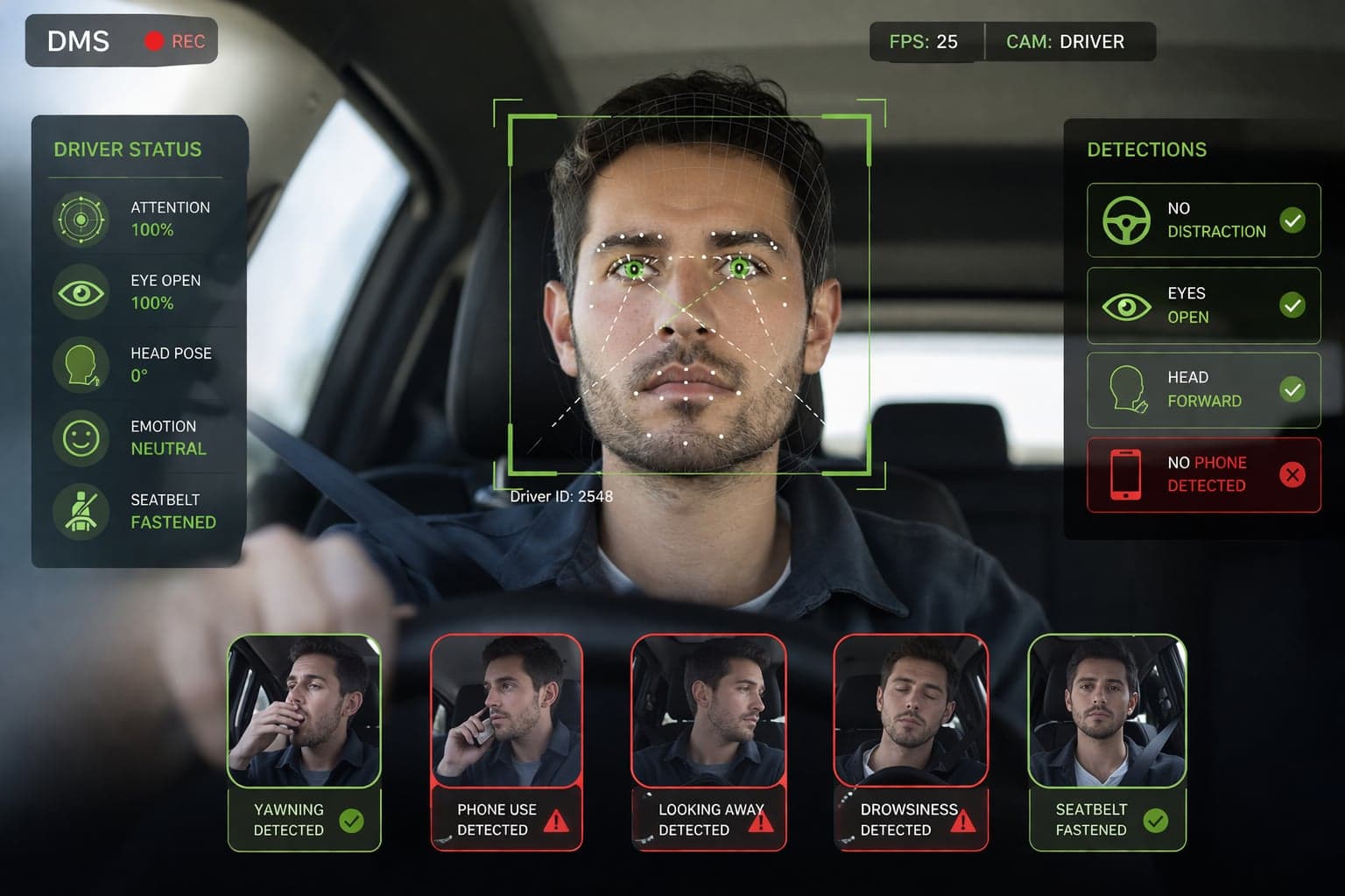 AI dashcam view of a driver showing real-time behaviour detection in the Netcorp platform