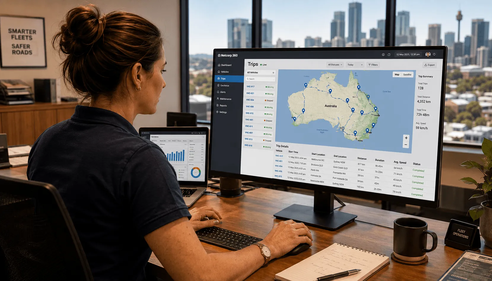 A Netcorp team member reviewing fleet trip data