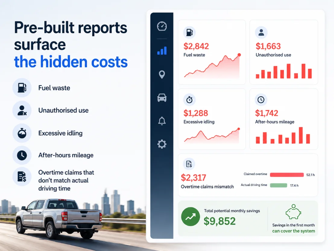 Netcorp reporting dashboard highlighting fuel, idle and overtime savings